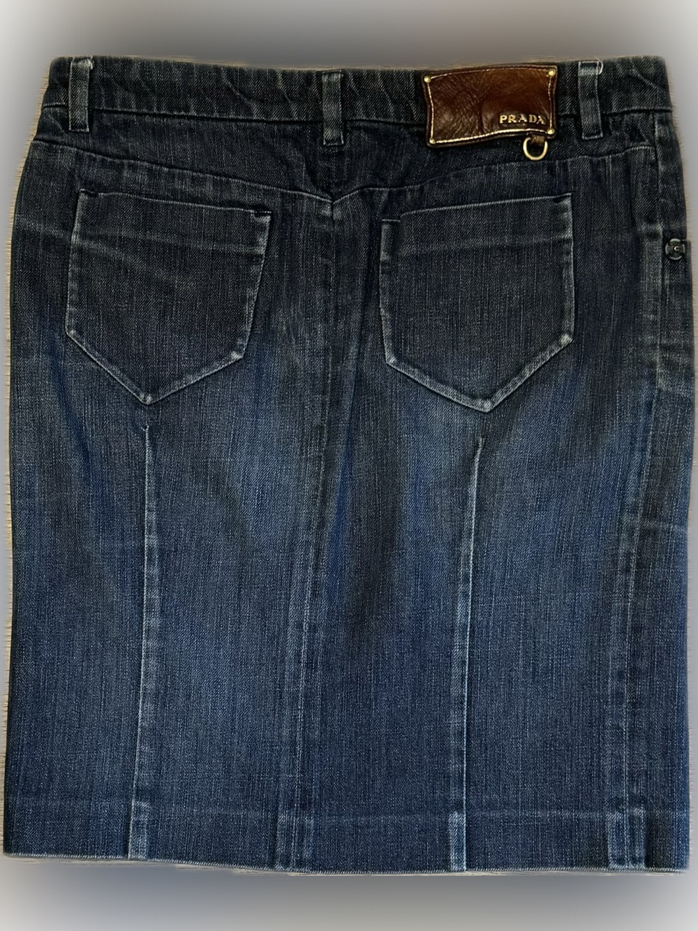 Prada Denim Mini Skirt Leather Patch IT 40 US 4 2007 Made in Italy Y2K